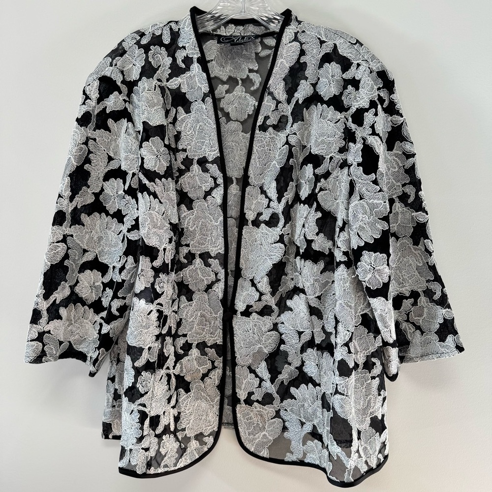 Alex Evenings Woman Sheer Black & Whiteβ Floral Embroidered Jacket Topper 3x